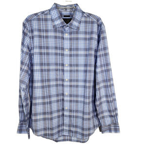 Jos A Bank Reserve Shirt Men Large Blue Gray Plaid Tailored Fit Button Up Cotton